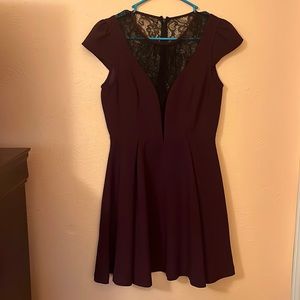 Dark Red Burgundy Flared Shoulder Puff Dress Mesh black